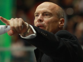 FILE: MUNICH, GERMANY - NOVEMBER 12: Mark Messier, head coach of Canada reacts during the German Ice Hockey Cup 2010 first round game between Germany and Canada at the Olympiahalle on November 12, 2010 in Munich, Germany. /