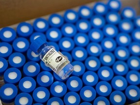 Mock vials of the Pfizer vaccine for the coronavirus disease (COVID-19) are shown during a staff vaccine training session at UW Health in Madison, Wisconsin, U.S., December 8, 2020.