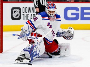 Goaltender Henrik Lundqvist, seen here playing in a game for the Rangers on Feb 1, 2020, will not suit up this season with the Capitals due to a heart condition.