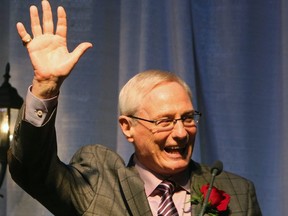 Former NHL Player and legendary Edmonton Oilers (WHA) hockey player, Oiler Assistant GM that won 5-Stanley Cups, Bruce MacGregor, smiles and waves to the crowd before making his speech at the 2015 Alberta Sports Hall of Fame induction gala in Red Deer on Friday, May 29, 2015.