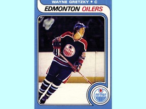 An example of a Wayne Gretzky rookie hockey card from 1979.