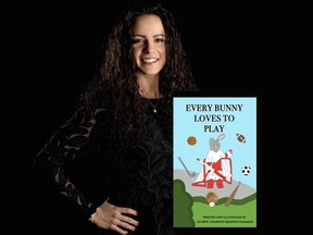 Two-time Olympic gold-medal winning goalie Shannon Szabados poses with the children's book, Every Bunny Loves to Play, which she wrote, illustrated and published to celebrate the birth of her daugher, Shaylyn.