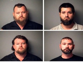 A combination of Antrim County Sheriff's Office police mugshots shows William Null, Eric Molitor, Michael Null and Shawn Fix, four of thirteen men arrested on Oct. 7, 2020 on charges of conspiring to kidnap the Michigan governor, attack the state legislature and threaten law enforcement.