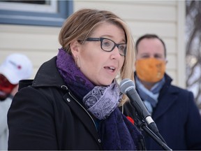 Grande Prairie MLA Tracy Allard speaks during a funding announcement in front of Sunrise House in Grande Prairie on Nov. 6, 2020.