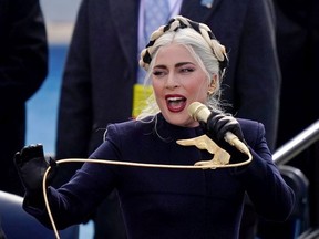 Lady Gaga sings the National Anthem at the inauguration of U.S. President-elect Joe Biden on the West Front of the U.S. Capitol on January 20, 2021 in Washington, DC.