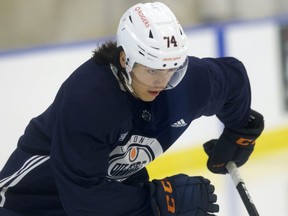 Ethan Bear during an Edmonton Oilers training camp scrimmage, in Edmonton Thursday Jan. 7, 2021.