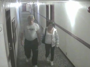 Bradley Barton and Cindy Gladue are shown on surveillance video at the Yellowhead Inn on the first of two nights the pair spent together.