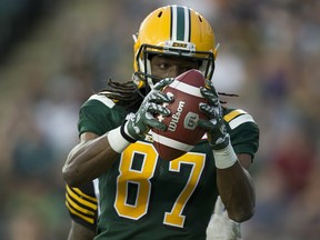 Edmonton Football Team receiver Derel Walker (87) makes a catch in the end zone against the Hamilton Tiger-Cats in this file photo from June 22, 2018, in Edmonton.
