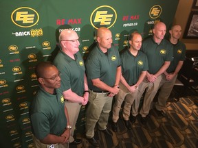 Edmonton Football Team head coach Scott Milanovich (third from left) announces his coaching staff, including (from left): Receivers coach Winston October, offensive-line coach John McDonnell, Milanovich, defensive co-ordinator Noel Thorpe, special-teams co-ordinator A.J. Gass and defensive assistant Derek Oswalt, at the Sawmill restaurant in Sherwood on Jan. 15, 2020.