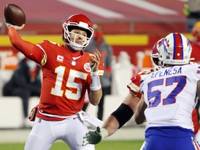 Patrick Mahomes of the Kansas City Chiefs throws a pass against the Buffalo Bills during the AFC Championship game at Arrowhead Stadium on January 24, 2021 in Kansas City.