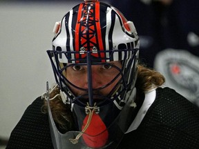 Edmonton Oilers goalie Mike Smith takes part in the team's 2021 training camp at the Northern Alberta Institute of Technology on Jan. 3, 2021.