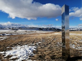 A monolith in Alberta is shown in a recent handout photo. A tall, stainless steel beacon that has been placed along the eastern slopes of the Alberta Rockies comes with a message.

The three-metre monolith, which reflects its surroundings, is one of many that have been found at sites around the world. They have been found on a California trail, a Utah desert and in Romania.