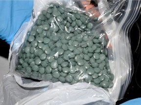 A file photo shows a bag of fentanyl pills. Jamie Dixon was sentenced to six years in prison Wednesday for selling a dose of fentanyl that killed a Sherwood Park man in 2017. In that case, the fentanyl was in powdered form and mixed with methamphetamine.
