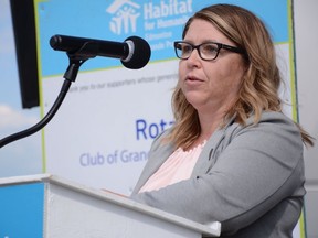 Grande Prairie MLA Tracy Allard speaks during a celebration for a Habitat for Humanity project in the Northridge neighbourhood of Grande Prairie, Alta. on Aug. 6, 2020.