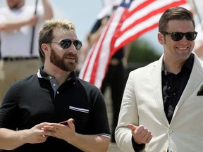 Activist Tim Gionet (L) who goes by the name "Baked Alaska" on the internet, talks with White Nationalist leader Richard Spencer as self proclaimed White Nationalists and "Alt-Right" supporters gather for what they called a "Freedom of Speech" rally on the steps of the Lincoln Memorial in Washington, June 25, 2017.