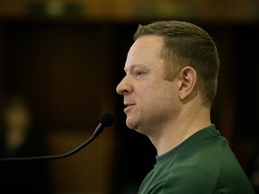 Edmonton Elks general manager and vice-president of football operations Brock Sunderland speaks during a press conference at Commonwealth Stadium in this file photo from Feb. 12, 2019.