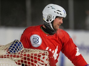 Team Hope’s Kyle Brodziak takes to the ice to help raise funds in support of the Cure Cancer Foundation during the kickoff of the 2021 World’s Longest Hockey Game at Saiker's Acres in Sherwood Park, outside of Edmonton, on Feb. 4, 2021.