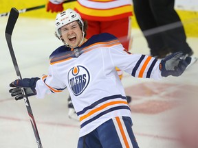 Edmonton Oilers forward Kailer Yamamoto celebrates a goal against David Rittich of the Calgary Flames in Calgary on Feb. 1, 2020.