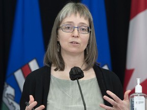 Alberta's chief medical officer of health Dr. Deena Hinshaw gives an update on COVID-19 case numbers on Feb. 1, 2021.