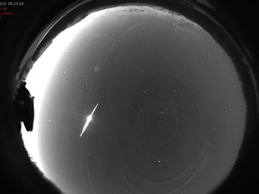 A meteor streaks across the morning sky in Edmonton, AB on Monday Feb.22, 2021. (Supplied photo/Athabasca University, Athabasca University GeoSpace Observatory (AUGSO), Principal Investigator: Prof. Martin Connors)