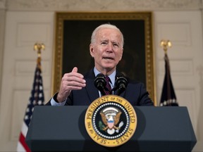 U.S. President Joe Biden delivers remarks on the national economy and the need for his administration's proposed $1.9 trillion coronavirus relief legislation in the State Dining Room at the White House on Feb. 5, 2021 in Washington, D.C.