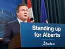Premier Jason Kenney speaks in Calgary on Jan. 20, 2021, regarding the cancellation of the Keystone XL pipeline.