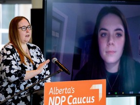 NDP Opposition labour critic Christina Gray (left) and university student Cate Noelck called on the UCP government to consult with labour groups and expand the Critical Worker Benefit Tuesday, Feb. 16, 2021.