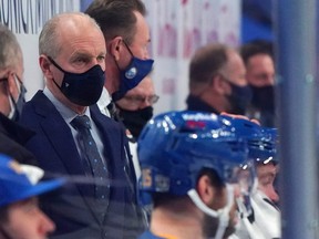 Sabres head coach Ralph Krueger watches play from the bench during the second period against the Rangers at KeyBank Center in Buffalo, N.Y., Jan. 26, 2021.