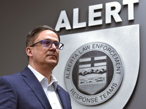 Sgt. Dwayne Lakusta CEO of ALERT speaks about the number of arrests, charges and contraband seized in 2020, in Edmonton, February 8, 2021.