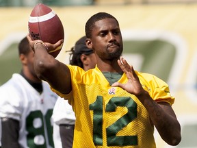 Edmonton Football Team quarterback Jacory Harris throws the ball during training camp on June 12, 2014, three days prior to his release.