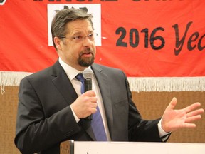 David Yurdiga, MP for Fort McMurray-Cold Lake, gives a speech during Chinese New Year celebrations in Fort McMurray on Feb. 6, 2016.