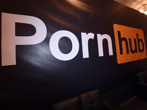 A Pornhub logo is displayed at the company's booth at the 2018 AVN Adult Entertainment Expo at the Hard Rock Hotel & Casino on Jan. 24, 2018 in Las Vegas, Nevada.