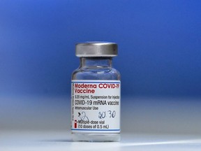 A Moderna coronavirus disease (COVID-19) vaccine vial is pictured at St. Mary's Hospital, in Phoenix Park in Dublin, Ireland, February 14, 2021.