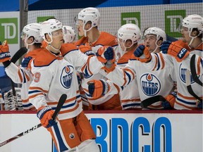 Edmonton Oilers forward Alex Chiasson (39) celebrates his goal against the Vancouver Canucks  in the second period at Rogers Arena on Feb. 25, 2021.