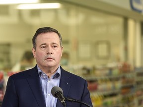 Premier Jason Kenney speaks at a press conference at Crowfoot Co-op in Calgary on Tuesday, March 2, 2021.