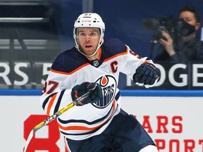 Connor McDavid of the Edmonton Oilers skates against the Toronto Maple Leafs during an NHL game at Scotiabank Arena on March 29, 2021 in Toronto, Ontario, Canada.