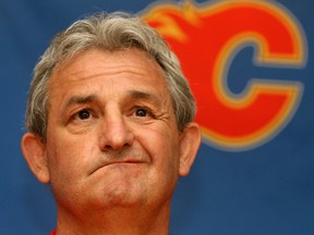 Darryl Sutter addresses the media in this file photo from May 26, 2009, back when he was general manager of the Calgary Flames. The club announced him as the new head coach Friday.