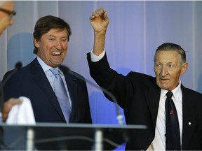 Retired NHL hockey player Wayne Gretzky (left) and his father Walter Gretzky (right) at the University of Alberta Hospital in Edmonton on Tuesday October 3, 2017. (PHOTO BY LARRY WONG/POSTMEDIA) Story by Keith Gerein