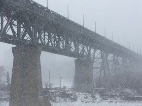 The High Level Bridge is seen during a snowstorm in Edmonton, on Wednesday, Jan. 13, 2021.