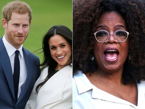 This combination of file pictures created on March 4, 2021 shows Prince Harry and Meghan Markle at Kensington Palace and talk show host Oprah Winfrey in Battery Park in New York.