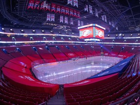 The view of the Bell Center as the Montreal Canadiens announced their game against the Edmonton Oilers was cancelled Monday, March 22, 2021.