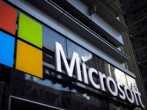A Microsoft logo is seen on an office building in New York City on July 28, 2015.