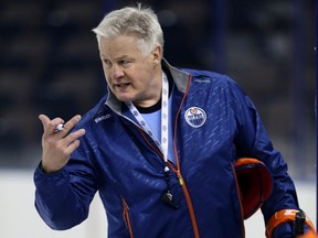 Rick Carriere, Senior Director of Player Development gives out some instructions during Prospect camp at Rexall Place in Edmonton, Alberta on Thursday, July 2, 2015.