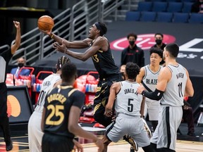 Toronto Raptors forward Pascal Siakam attempts a shot against the Portland Trail Blazers during the first quarter of a game at Amalie Arena.