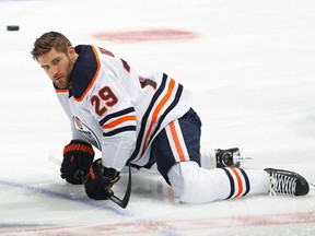 eon Draisaitl (29) of the Edmonton Oilers stretches prior to playing against the Toronto Maple Leafs in an NHL game at Scotiabank Arena on March 27, 2021, in Toronto.