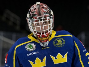 Team Sweden's goaltender Jesper Wallstedt (30) during first period action against Team Slovakia at the 2018 Hlinka Gretzky Cup at Rogers Place on Aug. 6, 2018.