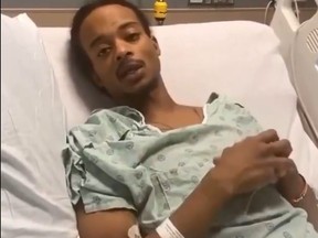 In this social network video released on by his lawyer Ben Crump, Jacob Blake delivers a message from a hospital bed in Kenosha, Wis., on Sept. 5, 2020.