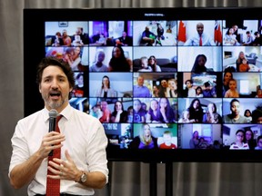 Prime Minister Justin Trudeau talks to families virtually in Ottawa, Wednesday, April 21, 2021.