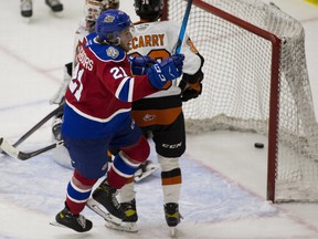 Edmonton Oil Kings forward Jake Neighbours celebrates a goal against Medicine Hat Tigers goalie Garin Bjorklund on Thursday, April 22, 2021, in Edmonton.