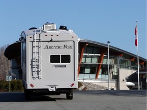 An RV driver approaches Canadian customs at the Canada-U.S. border crossing at Peace Arch park in Surrey, British Columbia.